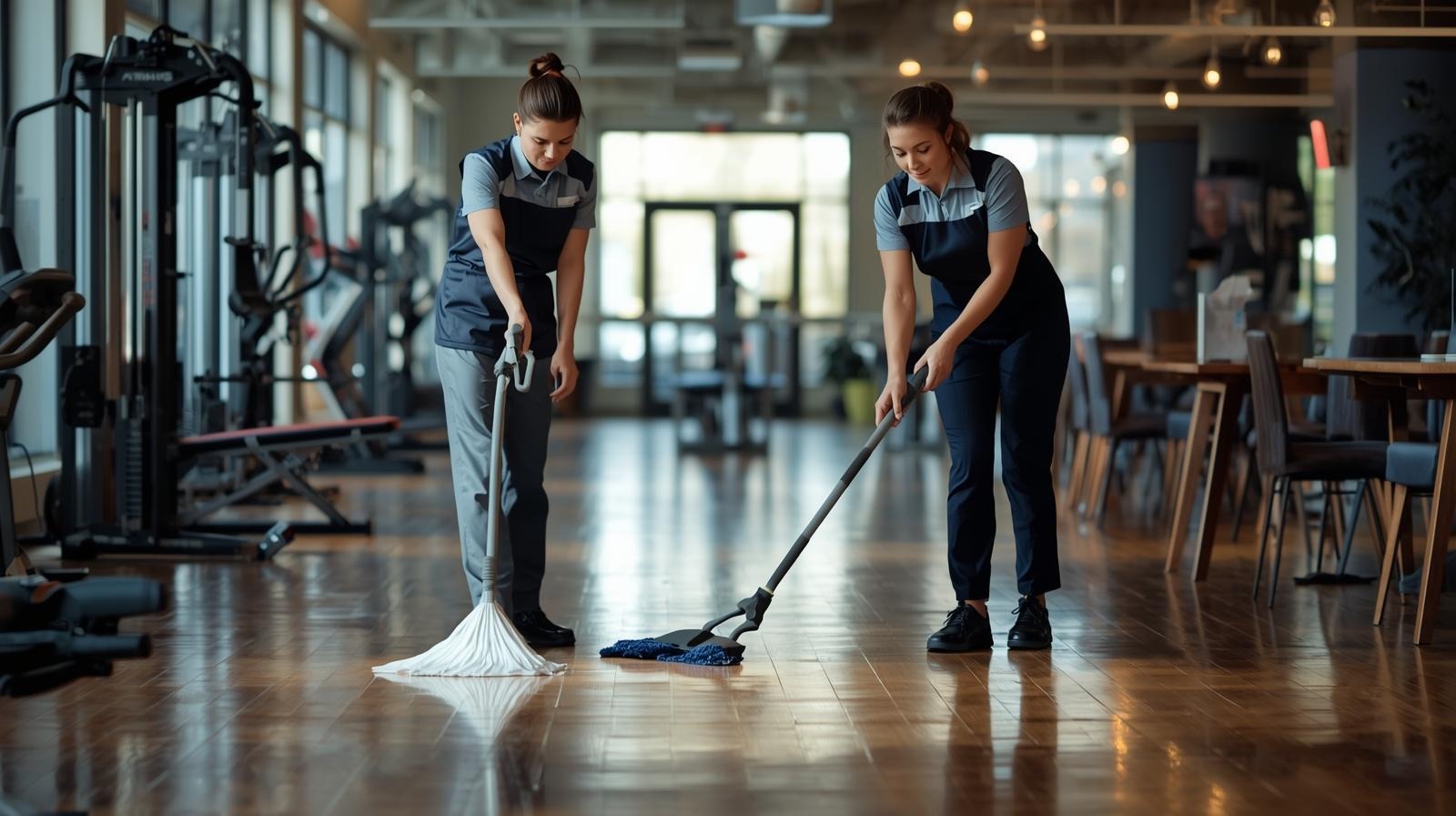 some staff cleaning floor, gym, restaurant (2)